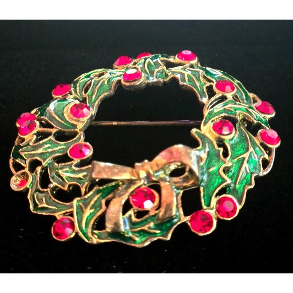 Eisenberg Ice Christmas Wreath Brooch Vintage Green & Red Rhinestones Gold-Tone - Picture 3 of 9